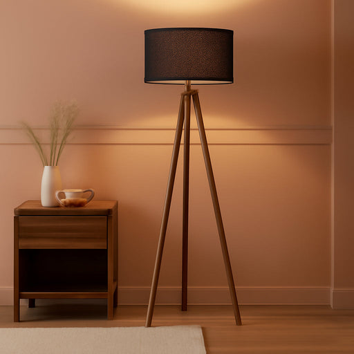 Wood Tripod Floor Lamp Modern Standing Lamp with Black Drum Shade, Industrial Tall Reading Lamp for Office Living Room Bedroom, ETL Listed Walnut & Black, 3 Color Temperatures LED Bulb Include