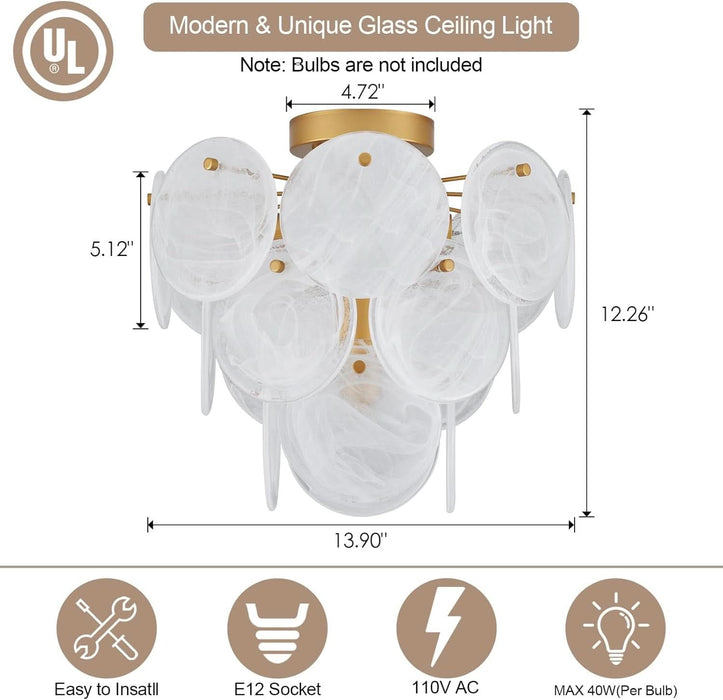 Modern Flush Mount Glass Ceiling Light, Gold Hallway Lights Vintage Chandelier, 4-Light Unique Light Fixture for Bedroom Entryway Loft Kitchen Laundry Bathroom Farmhouse