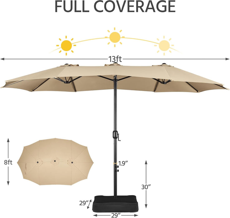 13 Ft Triple-Size Patio Umbrella W/Base Included - Market Extra-Large Double Sided Umbrella - Twin-Size Patio Parasol W/Easy Crank & 12 Strong Ribs & Ventilation Openings, Tan