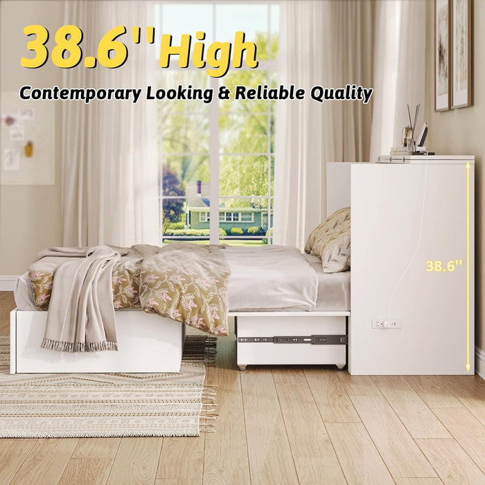 Full Size Murphy Bed with Charging Station - Wall Mounted Hideaway Cabinet Bed, Foldable Panel & Large Storage Drawer for Home Office,Small Room,Guest Bedroom,Living Room, White