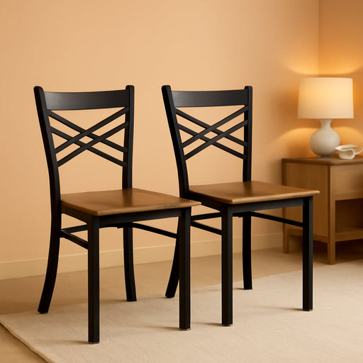 2 Pk. HERCULES Series Black ''X'' Back Metal Restaurant Chair - Cherry Wood Seat