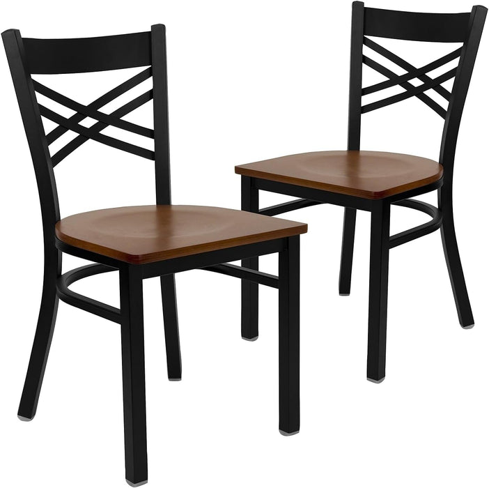 2 Pk. HERCULES Series Black ''X'' Back Metal Restaurant Chair - Cherry Wood Seat