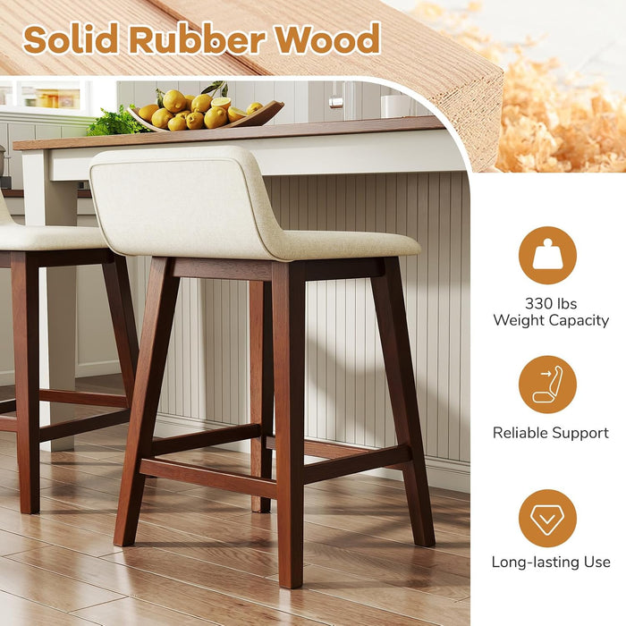 24" Bar Stools Set of 2, Upholstered Counter Height Barstools with Low Back, Footrest, Armless Wood Bar Chairs for Kitchen Island, Dining Room, Brown & Beige