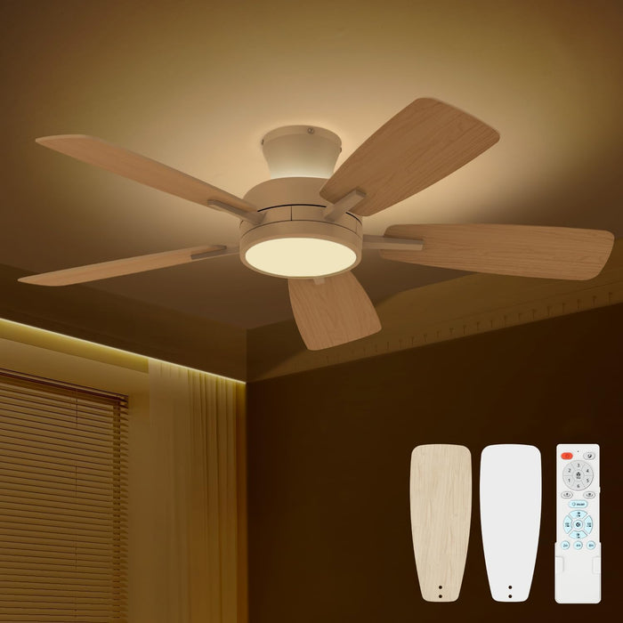 Ceiling Fans with Lights and Remote, 46 Inch Low Profile Ceiling Fan with Light, Flush Mount, Reversible, 3CCT, Dimmable White Modern Ceiling Fan for Bedroom, Living Room, Outdoor Patio