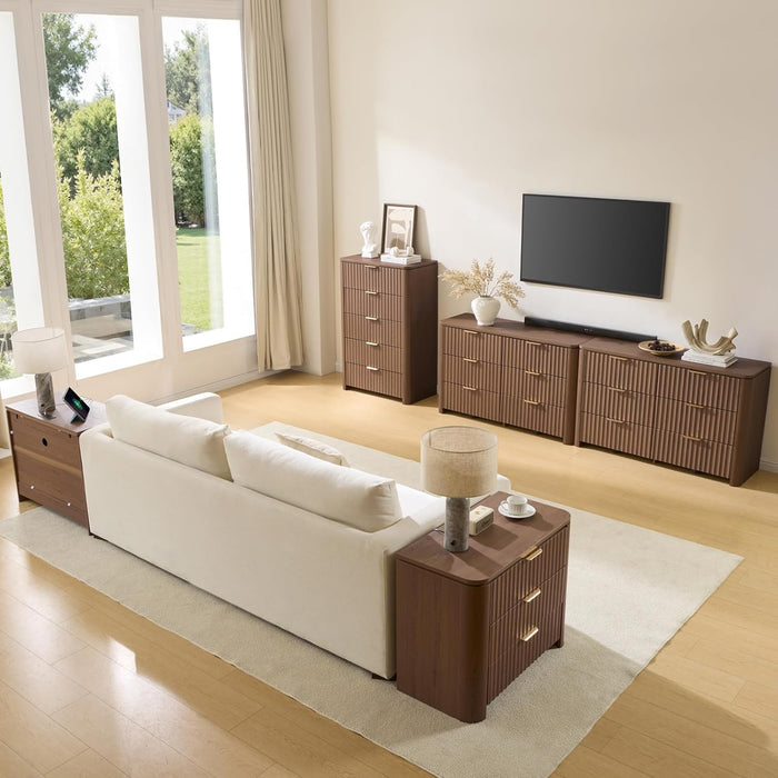 Fluted 5 Drawers Dresser for Bedroom, 45.3" Tall Modern Chest of Drawers with Metal Handle, Natural Wooden Dresser TV Stand Boho Deep Drawer Dresserfor Bedroom Living Room-Brown