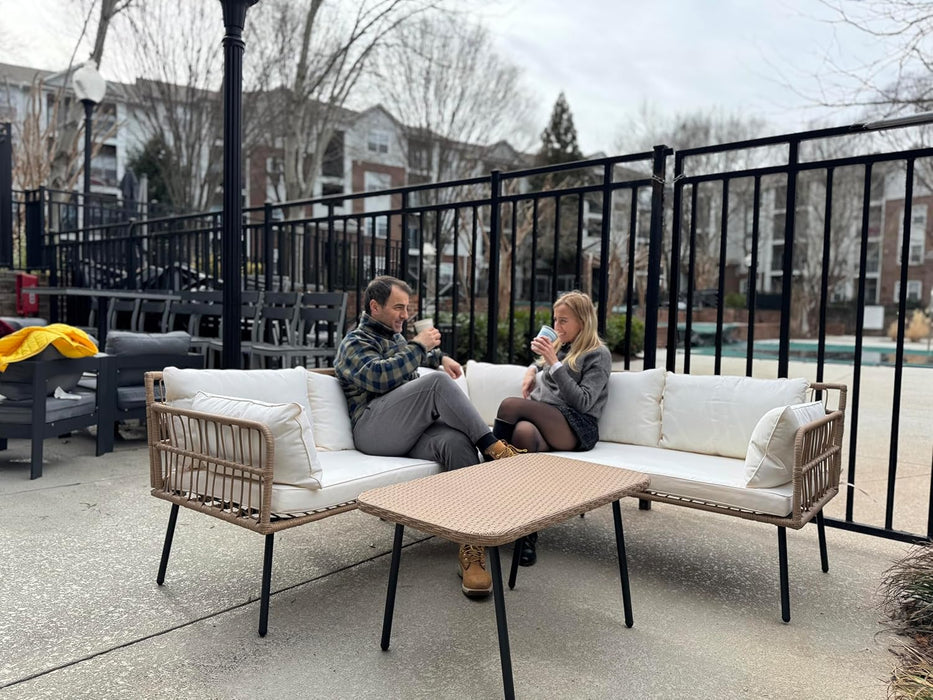 4-Piece Wicker Patio Furniture Set, All Weather PE Rattan Conversation Set Sectional Sofa with Soft Cushions & Side Table, Porch Furniture for Deck, Balcony, Backyard - Beige