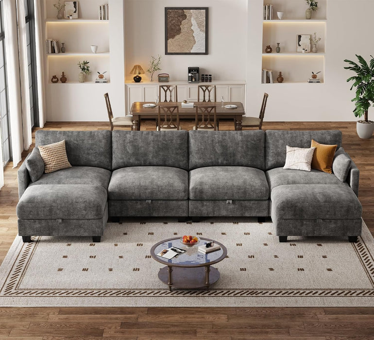 Darkest Gray Chenille UShaped Sectional Sofa Ottoman