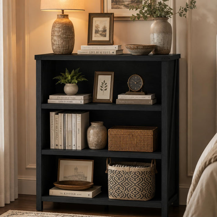 Small Black Bookshelf, 3 Tier Short Book Shelf, Farmhouse Bookcase Storage Organizer, Wooden Book Cases for Small Space, Office, Bedroom, Living Room, Apartment (Black Oak)