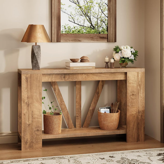 Console Table for Entryway, 47 Inches Narrow Sofa Table behind the Couch, Farmhouse Wood Entry Table with Storage Shelves for Hallway Foyer Living Room, Rustic Wood Grain