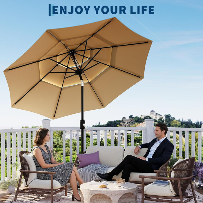 10Ft 3-Tier Patio Umbrella, Outdoor Table Umbrella with Vents, Easy Crank and Push Button Tilt, Market Umbrella with 8 Sturdy Ribs for Pool, Deck, Yard, Garden -Tan