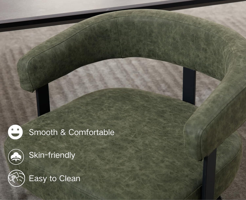 Modern Green Leather Dining Chairs Set of 2 Upholstered Barrel Dining Room Chairs Comfy Kitchen Chairs Armless Side Chair with Curved Open Back for Living Room/Restaurant,Pu