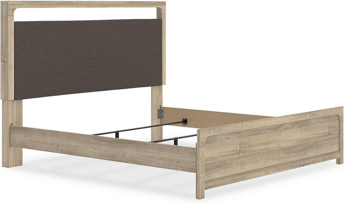 Signature Design by Ashley Hollymount King Size Bedframe, Bed Frame with Upholstered Panel Headboard, Touch LED Lighting with 3 Brightness Levels, Warm Oak Finish