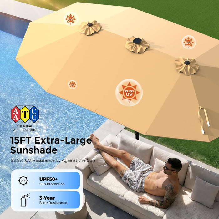 15FT Double Sided Patio Umbrella with 12 Solar LED Light Bars & Base Included, Extra Large Rectangle Outdoor Market Umbrella for 8-12 People Dining Table, Pool, Deck, Backyard (Beige)