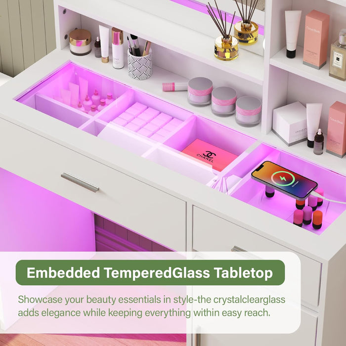 White Vanity Desk with Mirror & RGB Lights - Adjustable Brightness, Glass Top, Built-In Power Outlet, Multi-Storage Makeup Dressing Table for Bedroom