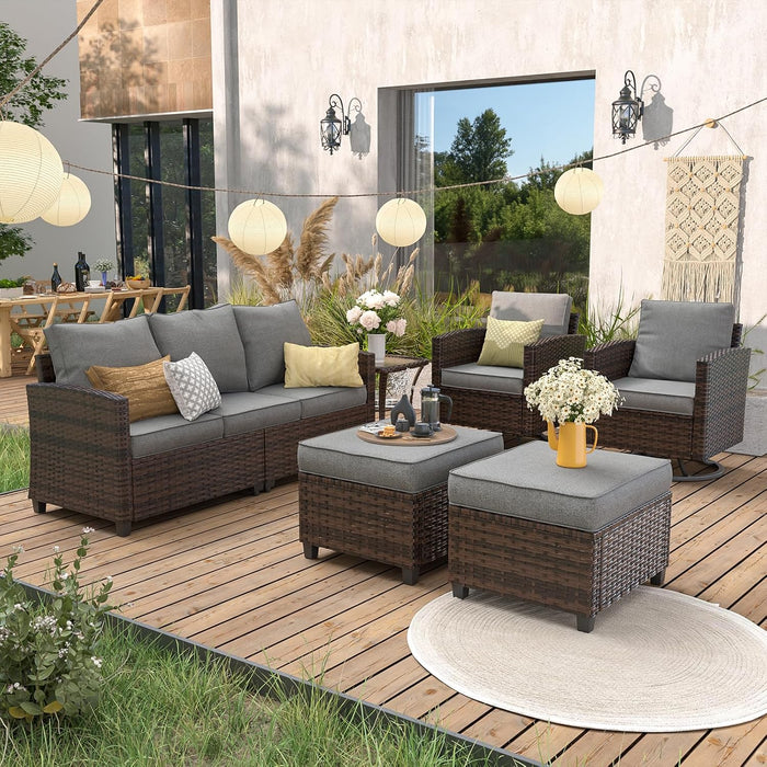 Patio Furniture Set with Swivel Rocking Chair, 6 Pcs Outdoor Couch