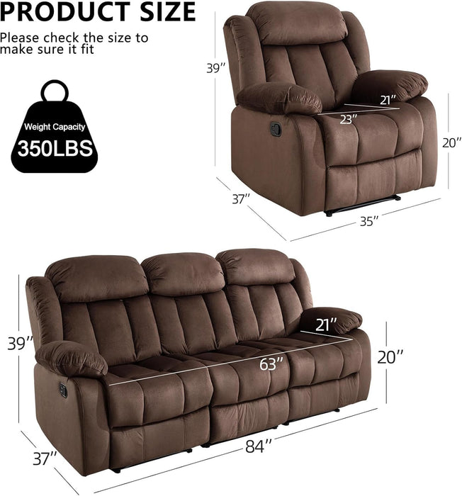 Manual Reclining Sofa Set, Classic Recliner Sofa with Overstuffed Arms and Backrest, Include 1 Recliner Chair and 1 3-Seat Reclining Sofa (Recliner+Sofa)