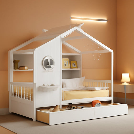 White Twin Size Wooden House Bed TwoUnderbedStorageDrawers