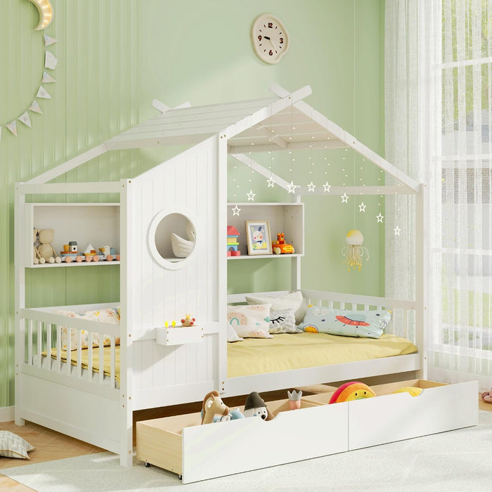 White Twin Size Wooden House Bed TwoUnderbedStorageDrawers