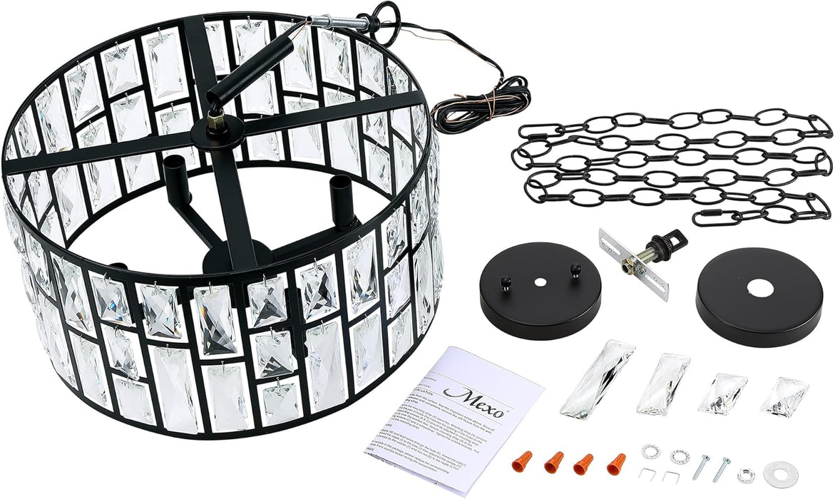 Farmhouse Crystal Convertible Chandelier and Semi Flush Mount Lighting Black Cylinder Drum Shade Pendant for Kitchen Island Dining Room Bedroom Hallway
