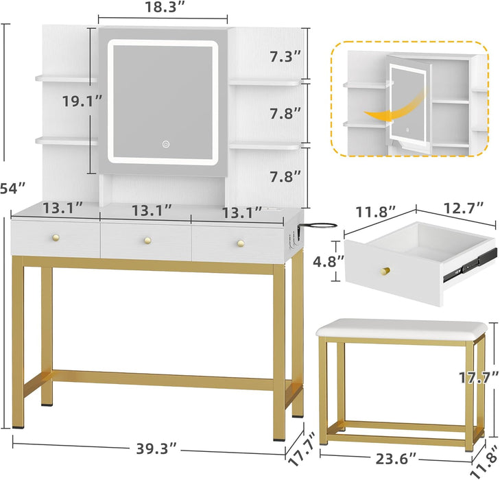 Makeup Vanity Desk Set with Mirror and Lights & Charging Station & Makeup Stool, 3 Drawers Vanity Table with 3 Hidden Storage Shelves for Bedroom (White & Gold) 39.5" W, Upgraded