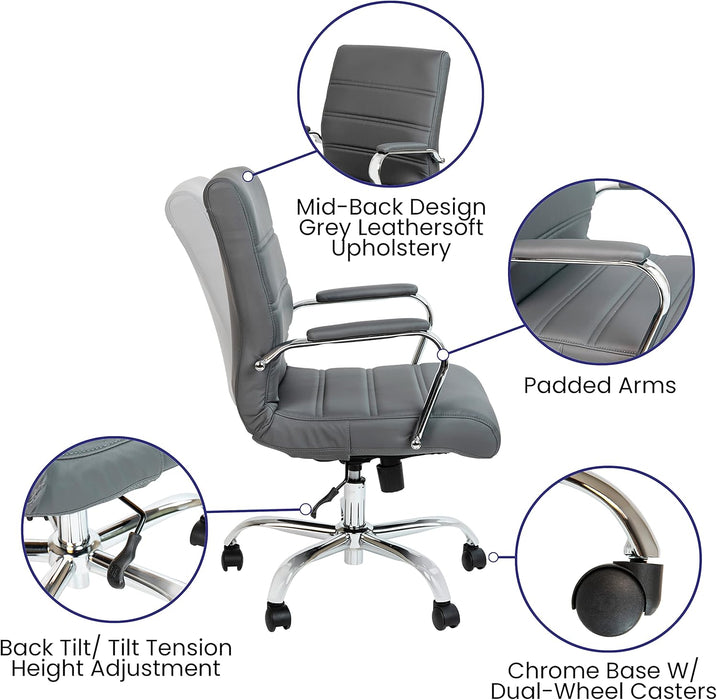 Whitney Mid-Back Swivel Leathersoft Desk Chair with Padded Seat and Armrests, Adjustable Height Padded Office Chair, Gray/Chrome