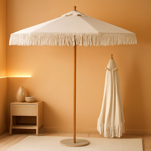 9 FT Patio Umbrella with Fringe,Fringe Portable Beach Umbrella,Heavy-Duty Metal Frame,6 Ribs with Ventilated Canopy,Uv Protection & Waterproof, Suitable for Garden,Deck,Pool,Patio Table