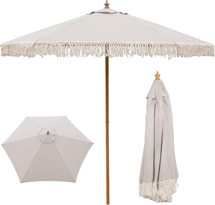 9 FT Patio Umbrella with Fringe,Fringe Portable Beach Umbrella,Heavy-Duty Metal Frame,6 Ribs with Ventilated Canopy,Uv Protection & Waterproof, Suitable for Garden,Deck,Pool,Patio Table
