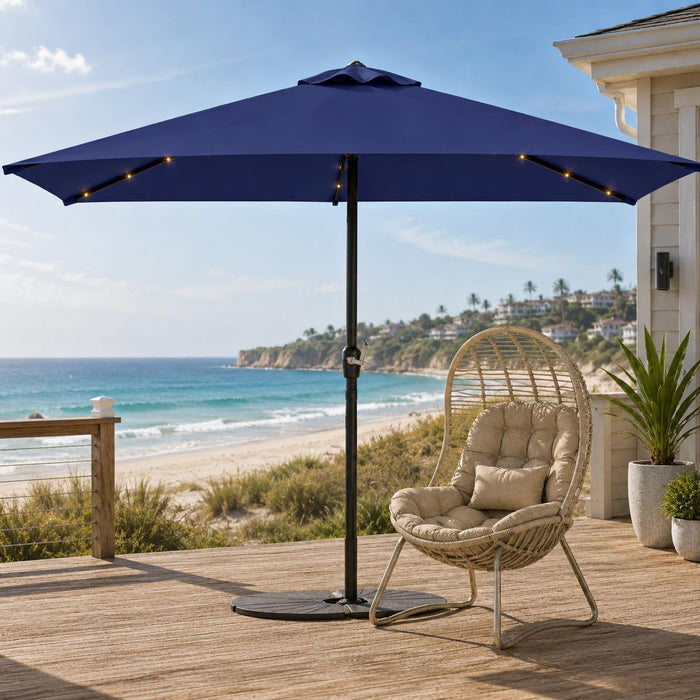 6.5 X 10Ft Rectangular Patio Umbrella with Solar Lights, 16 LED Lighted Market Umbrella with Push-Button Tilt and Crank, 6 Sturdy Iron Ribs for Garden, Deck, Pool, Navy Blue