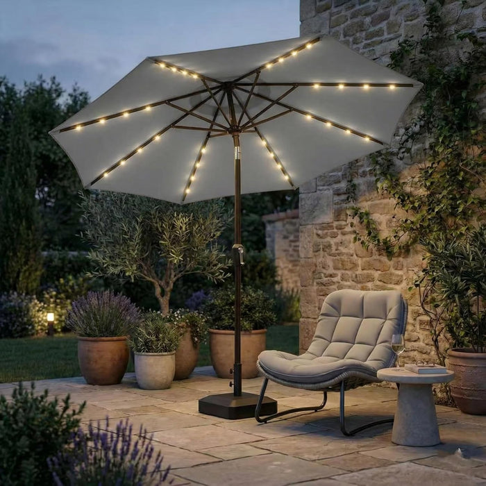 10FT Outdoor Patio Umbrella with Solar Lights, Market Table Umbrella with Push Button Tilt & Crank, 8 Sturdy Ribs, 32 LED Lights, UV Protection for Garden Lawn Deck Backyard Pool (Light Grey)