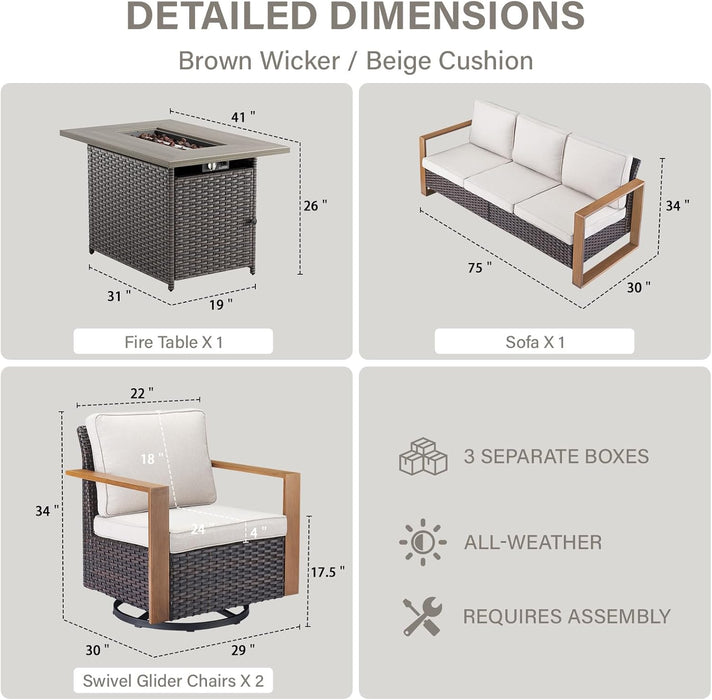 Full 4 Pieces Patio Furniture Set with 41” Propane Fire Pit Table, Outdoor Conversation Set with Swivel Glider Outdoor Chair Set of 2 and Rattan Sofa for Deck Backyard