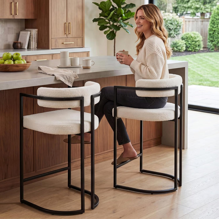 Modern Barrel Bar Stools Set of 2, 30” Barstools with Hollow Back Design and Footrest, White Sherpa Upholstered Counter Stools with Black Metal Base for Kitchen Island Home Bar Pub