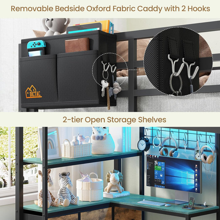 Black ExtraLongXL Over Twin Bunk Bed WithLEDLightingStorage