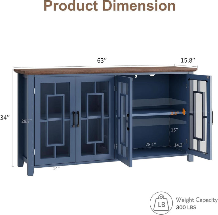 63" Sideboard Buffet Cabinet with Storage and 4 Tempered Glass Doors