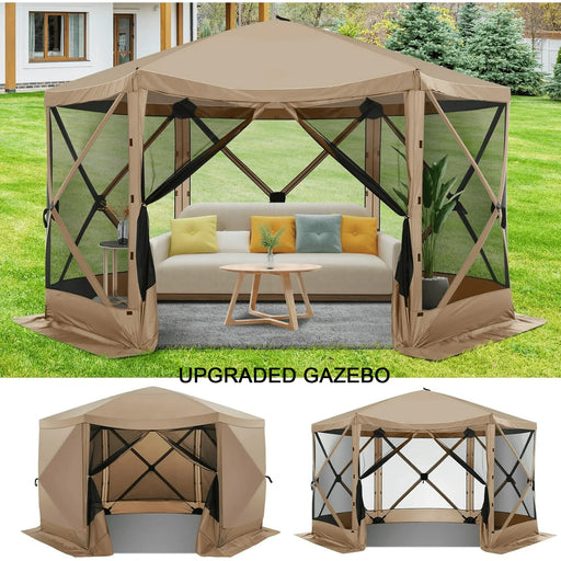 12X12 Pop up Canopy Gazebo, Outdoor Canopy Tent Screen House with 6 Sidewalls and Netting for Camping, Waterproof, UV Resistant, Ez Set-Up Party Tent with Carrying Bag and Ground Stakes,Khaki