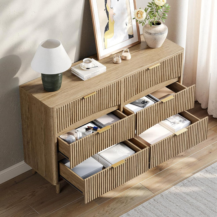 54" Curved Fluted 6-Drawer Dresser, Mid-Century Modern Natural