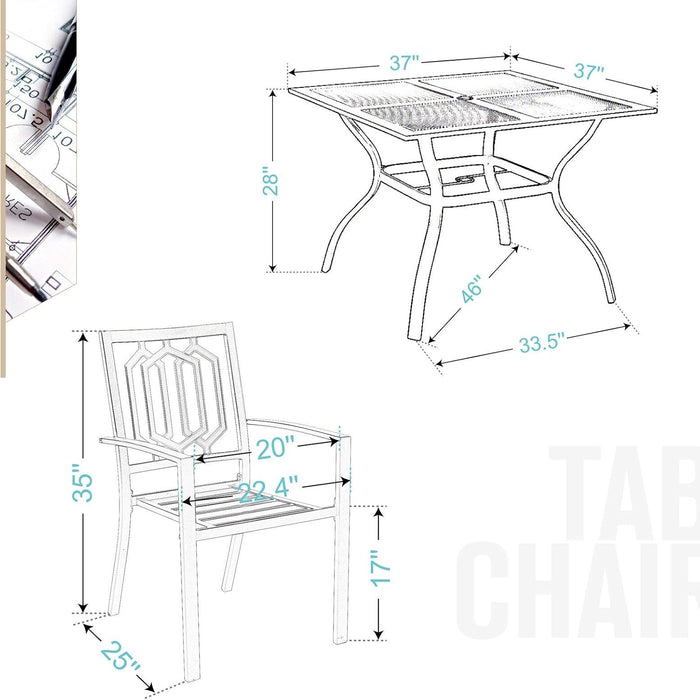5-Piece Metal Patio Outdoor Table and Chairs Dining Set- 37" Square Bistro Table and 4 Backyard Garden Chairs, Table with 1.57" Umbrella Hole