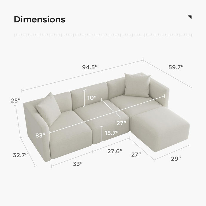 Luxury L-Shaped Upholstery Convertible Modular Sectional Sofa, Contemporary Reversible Couch with Chaise Lounge for Living Room, Apartment, Linen-Like Cream