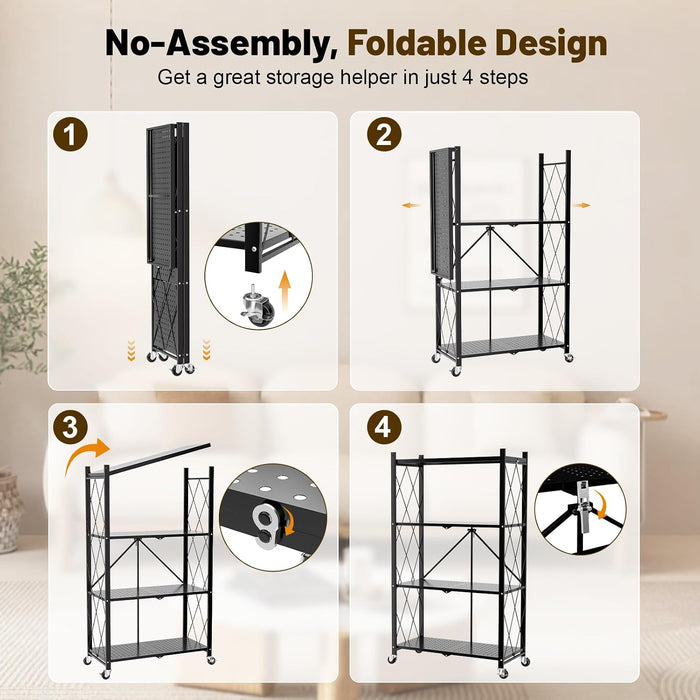 4 Tier Foldable Metal Storage Shelves on Wheels No Assembly | Heavy-Duty Shelf Unit for Kitchen, Garage, Pantry, Basement, Bookshelf, Black