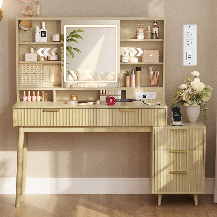Oak Beigewash Vanity Desk Sliding Mirror Illumination