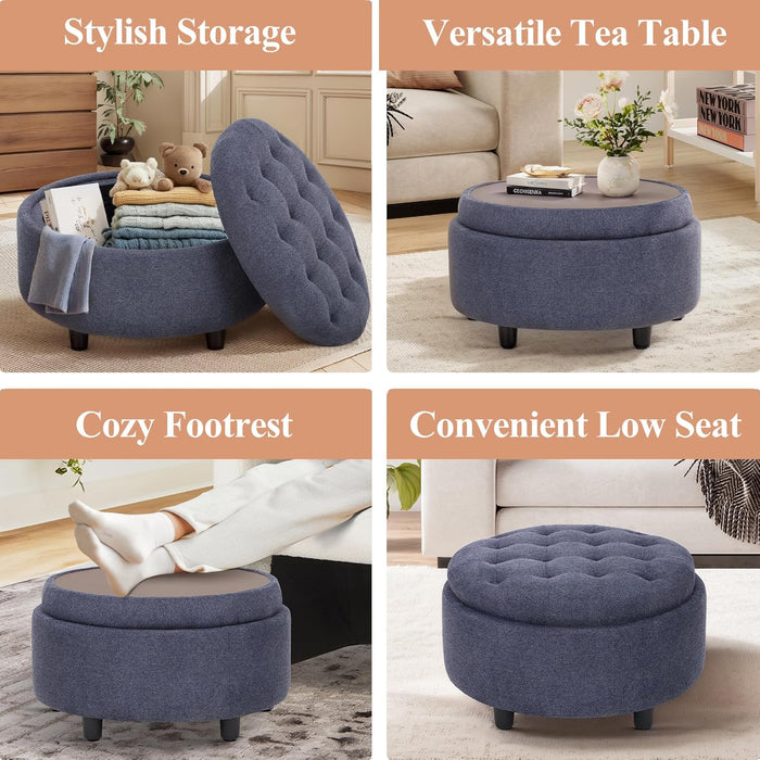 Fabric round Storage Ottoman with Reversible Tray Lid – Multi-Functional Footrest, Hidden Storage, Sturdy & Stylish Small Coffee Table for Living Room, Bedroom, or Entryway(Blue)