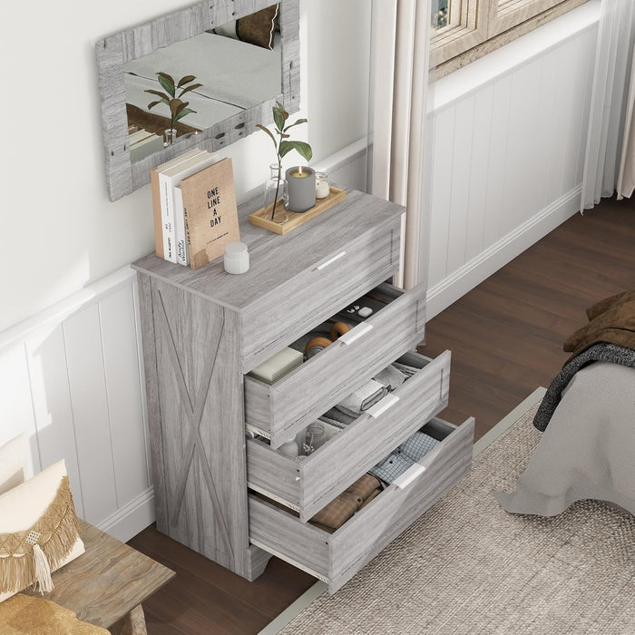Farmhouse 4 Drawer Dresser for Bedroom, Tall Bedroom Dresser with Large Drawer & Silver Handles, Wooden Storage Organizer Cabinet Chest of Drawer for Closet, Living Room, Hallway, Wash Grey