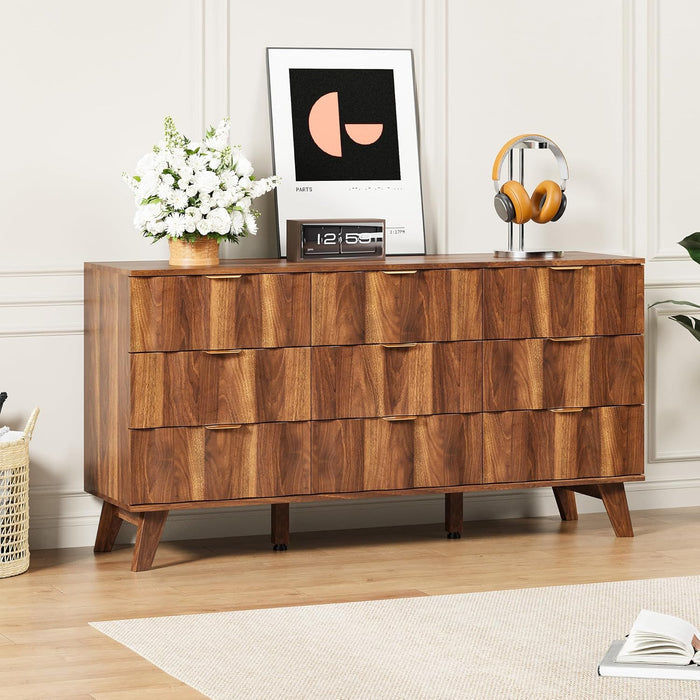 Contemporary Walnut 9 Drawer Dresser Fluted Fronts