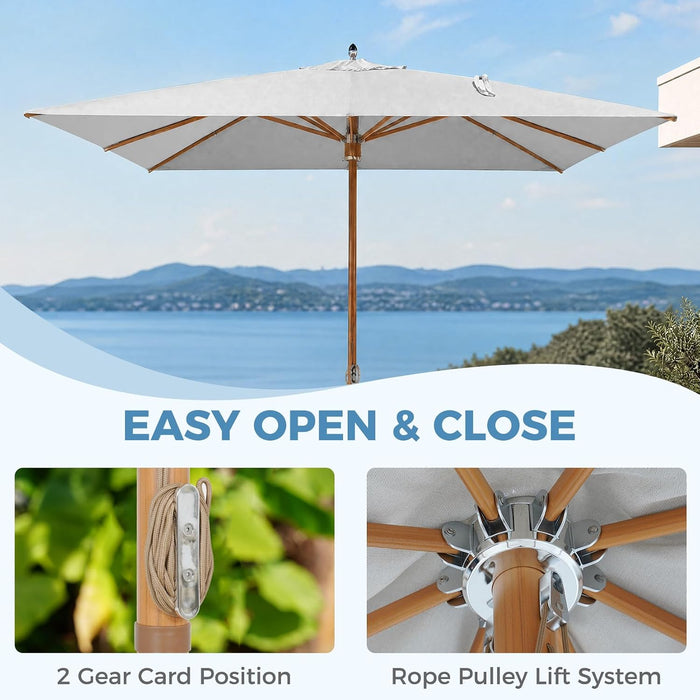10X10 FT Rectangular Patio Umbrella with 3-Year-No-Fade Olifen Fabric, Outdoor Umbrella with 8 Faux-Wood Grain Aluminum Ribs, Market Umbrella with Pulley Lift for Poolside, Deck, Backyard, Light Gray