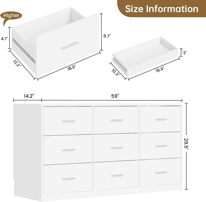 Dresser for Bedroom with 9 Drawers, 14.2"D X 59.1"W X 29.5"H, White