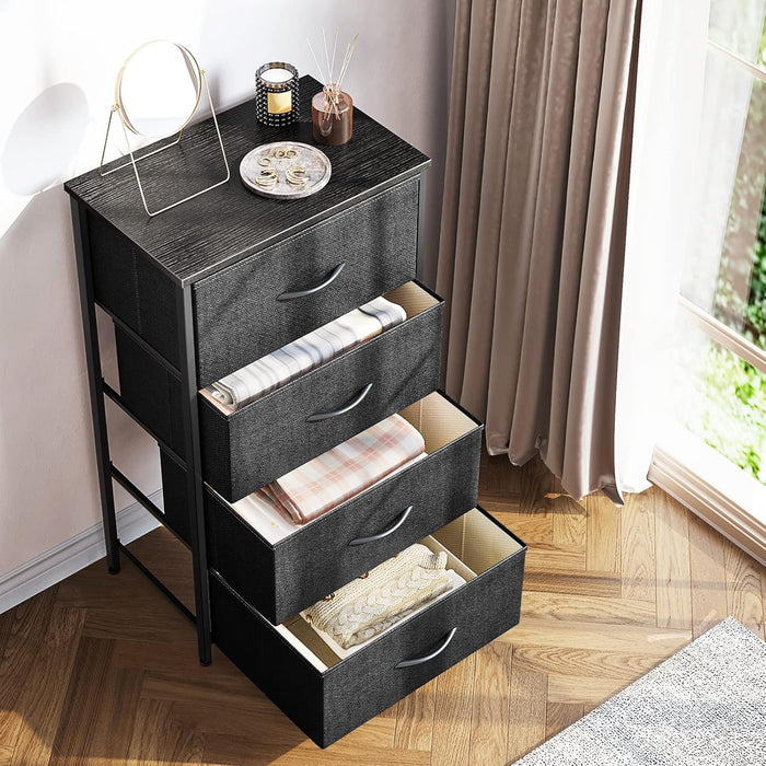 Dresser for Bedroom with 4 Storage Drawers, Small Dresser Chest of Fabric Drawers with Sturdy Steel Frame, Wood Top, Black