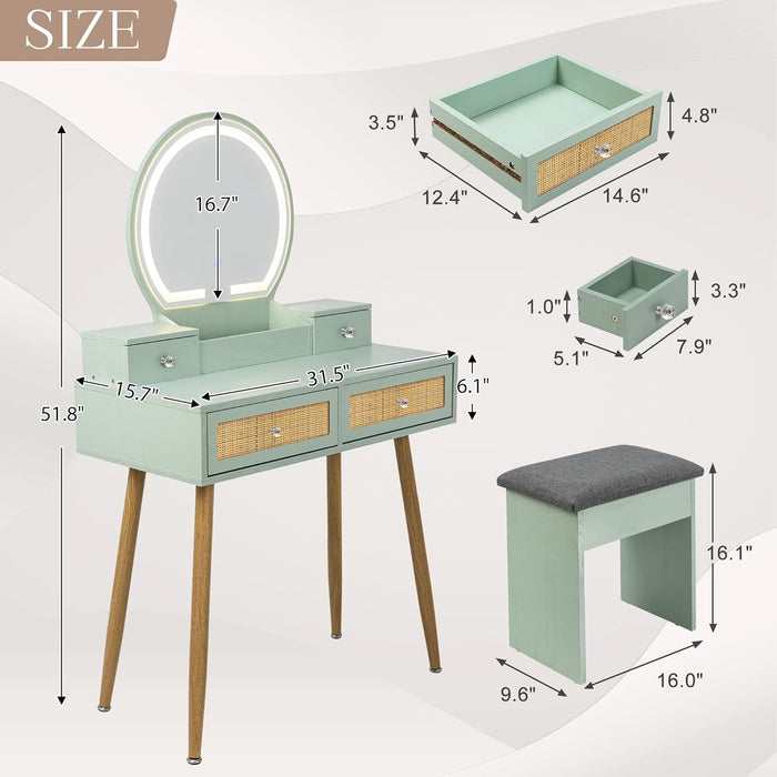 Mint Bohochic Rattan Vanity Desk Illuminated Mirror