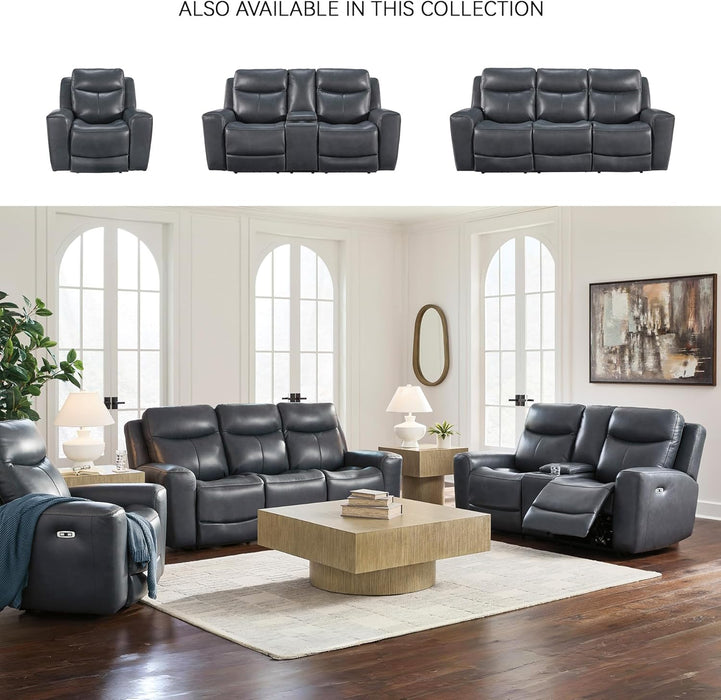 Mighty Moves Contemporary Power Leather Match Reclining Sofa with Position Lock, Adjustable Headrest and USB Charging Ports, Blue