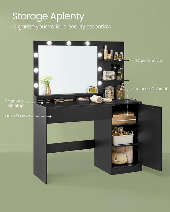 Vanity Desk with Mirror and Lights, 43.3-Inch Wide Makeup Vanity with Upholstered Vanity Stool, Power Outlets, Dimmable LED Lights, Storage Drawer, for Bedroom, Ink Black URDT628B01