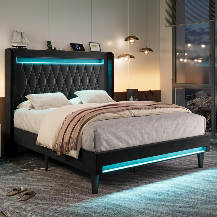 Upholstered Full Size Platform Bed Frame with LED Light and Charging Station, Button Tufted High Headboard, Wingback Design, Noise Free, Easy Assembly, No Box Spring Needed, Black