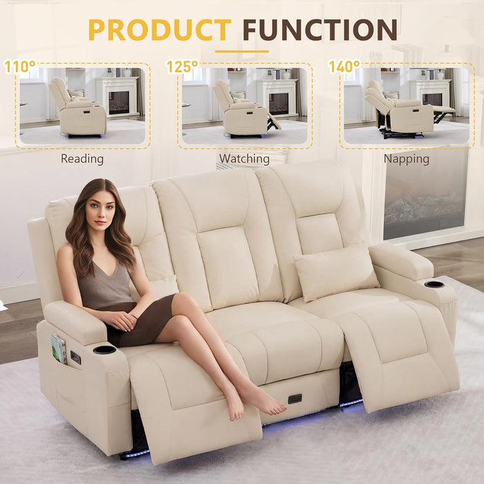 Power Loveseat Recliner Sofa with Middle Seat, Wall Hugger Dual Reclining 3 Seater RV Couch, Home Theater Seating with LED Lights, USB Ports, Power Outlets & Storage, Beige | Pet Friendly, Dual Reclining, Zero Gravity, Button Control
